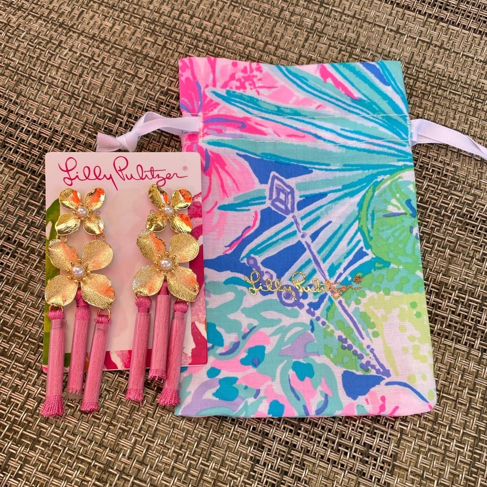 LILLY PULITZER Via Flora Roxie Pink Gold Orchid Tassel Earrings - Picture 7 of 8